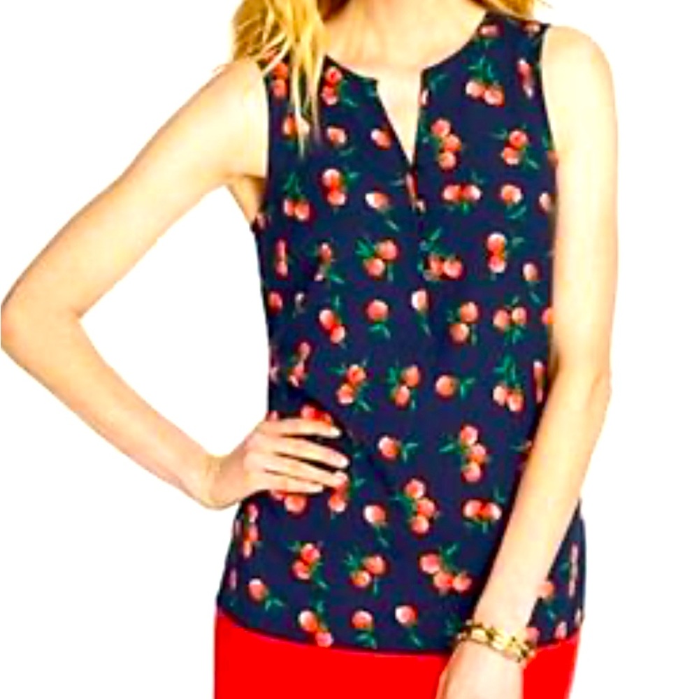 Talbots Petite Navy Cherry Berry Print Sleeveless Split Neck Blouse SP EUC